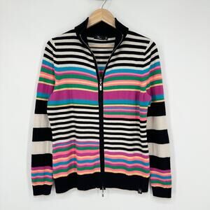 Neve 100% Wool Striped Full Zip Cardigan Mock Neck Base Layer Ski Sweater